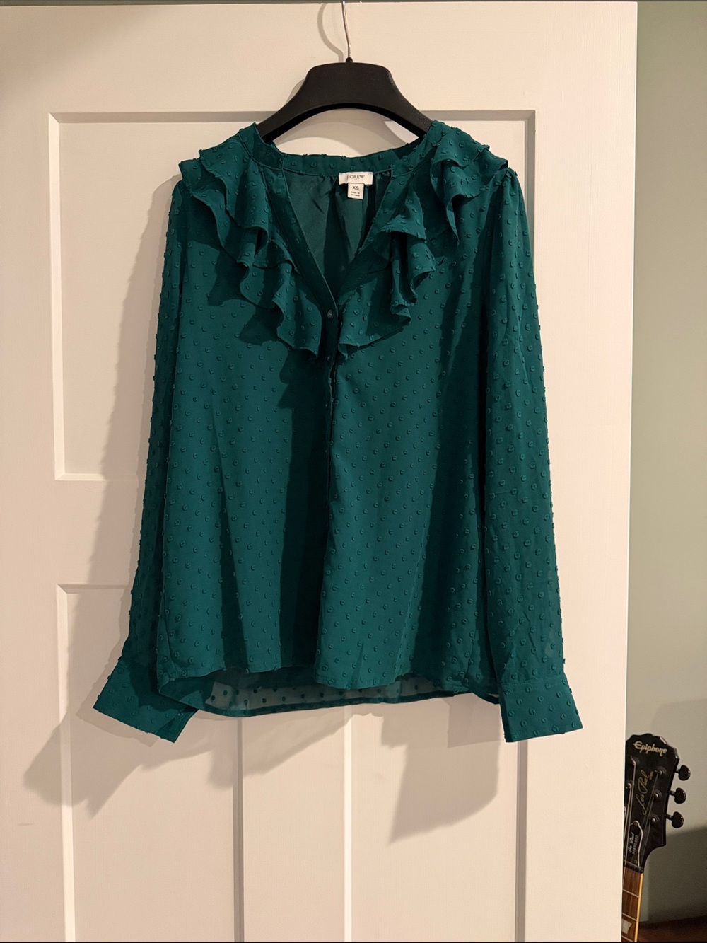 J. Crew Teal Ruffle-Trim Swiss Dot Blouse